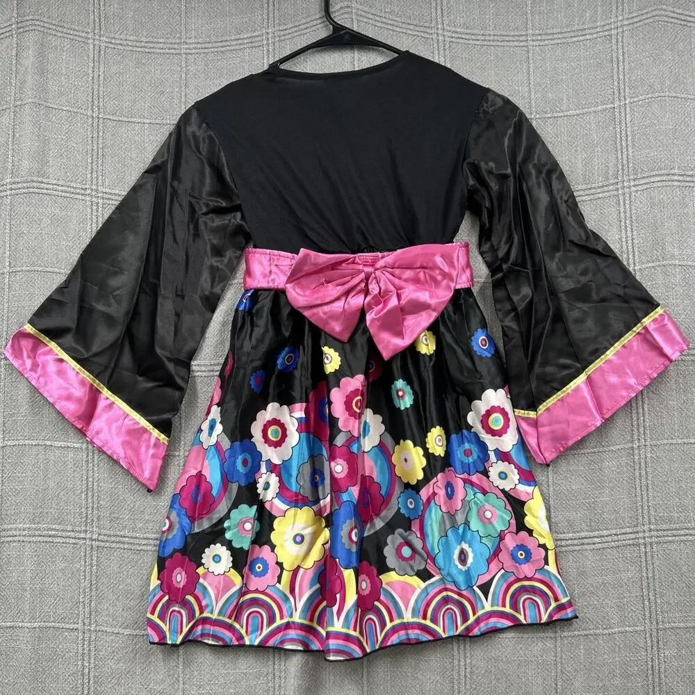 Spirit Halloween GEISHA Costume Girls Medium 7-10 Black Pink Silky Dress Up Play